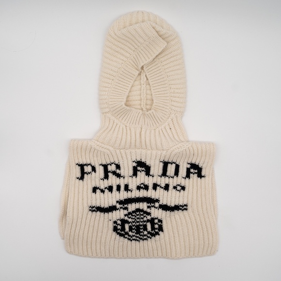 Prada intarsia-knit Logo Cashmere Neck Warmer With Hood / Scarf Balaclava White - Picture 1 of 6